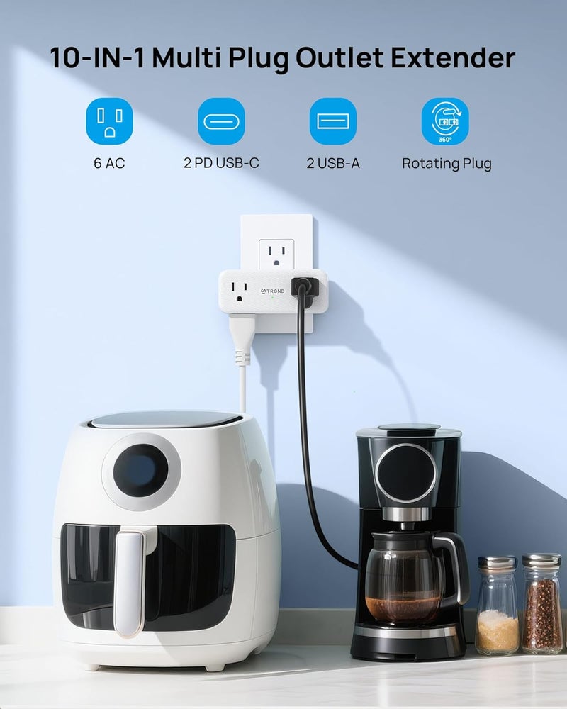 TROND Electrical Outlet Extender, 6 AC Outlet Splitter with 360° Rotating Plug, Multi Plug Adapter with PD 20W USB C, 2 USB-A & 2 USB-C, 3 Way Wall Extension Adapter for Home Office Travel Dorm - Image 2
